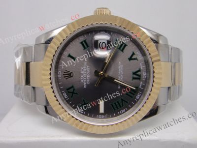 Rolex Replica Watches Wimbledon Datejust II 2-Tone Gray Green Roman Face  41mm